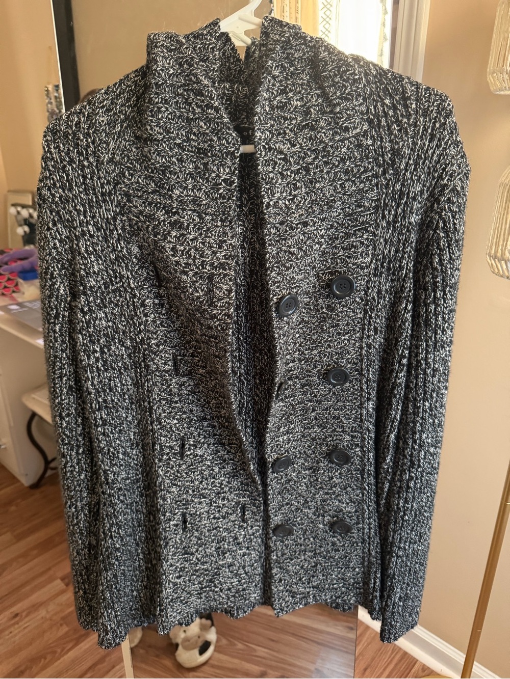 Womens Black & White Marled Hooded Cardigan